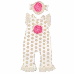 6/9m Ricrac & Ruffles Baby Girls Boutique Tan Polka Dot Romper Headband Outfit